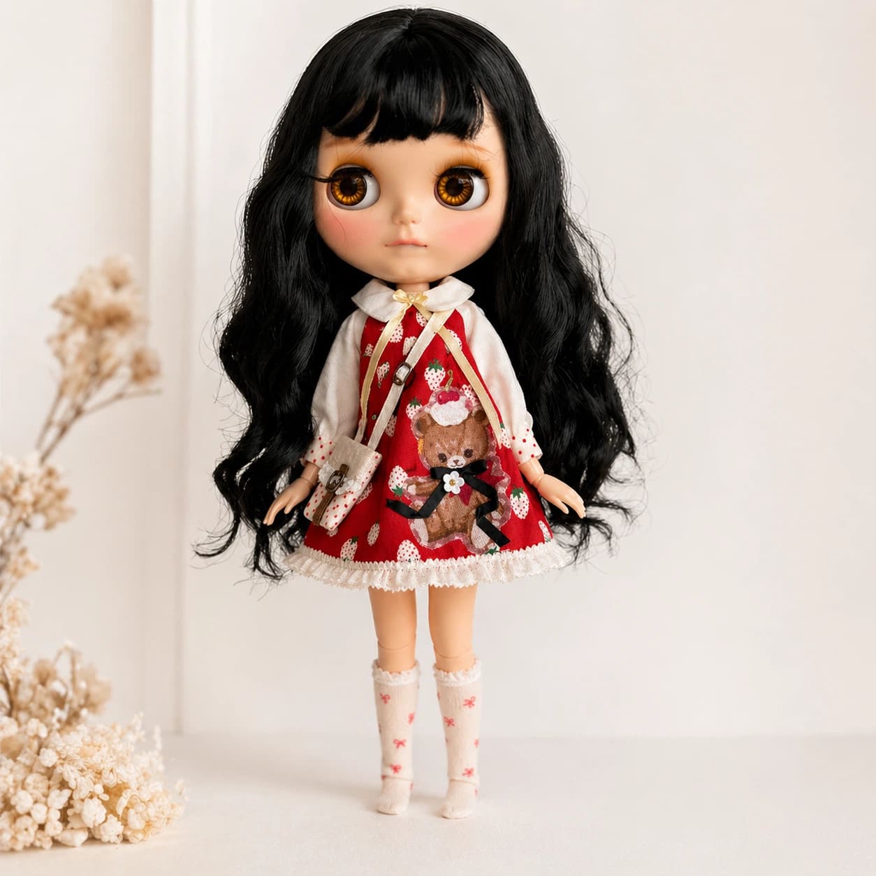 Handmade Strawberry Teddy Bear Christmas dress set for Neo Blythe and OB22/OB24 dolls, front view.