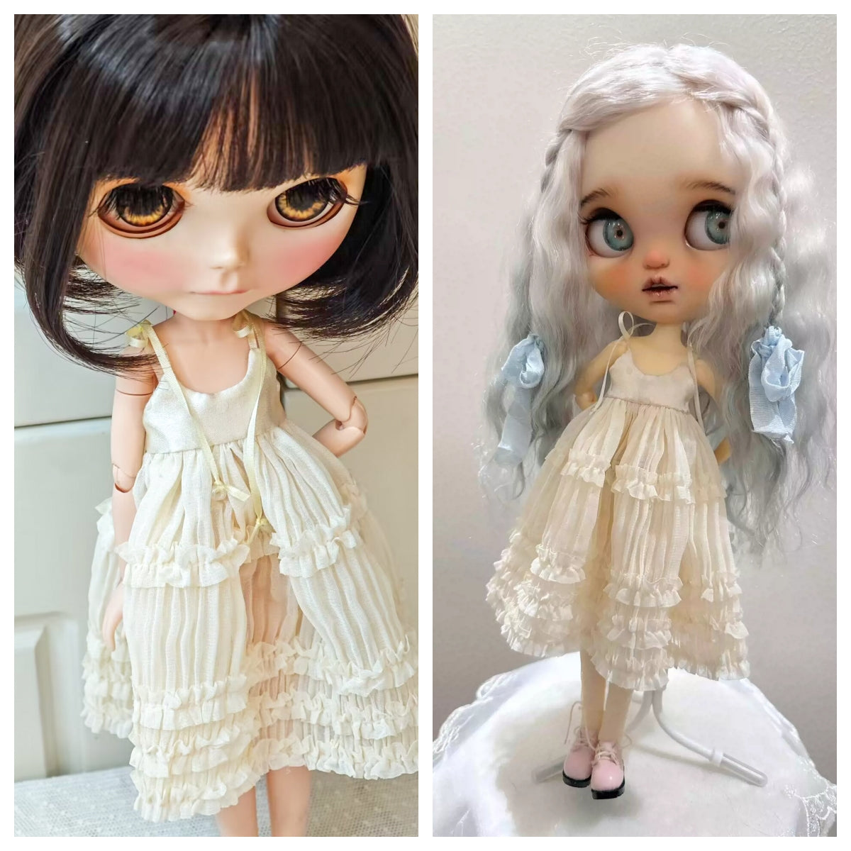 Boho Ivory Wedding Dress shown on different doll bodies, fitting Blythe and OB24 perfectly.