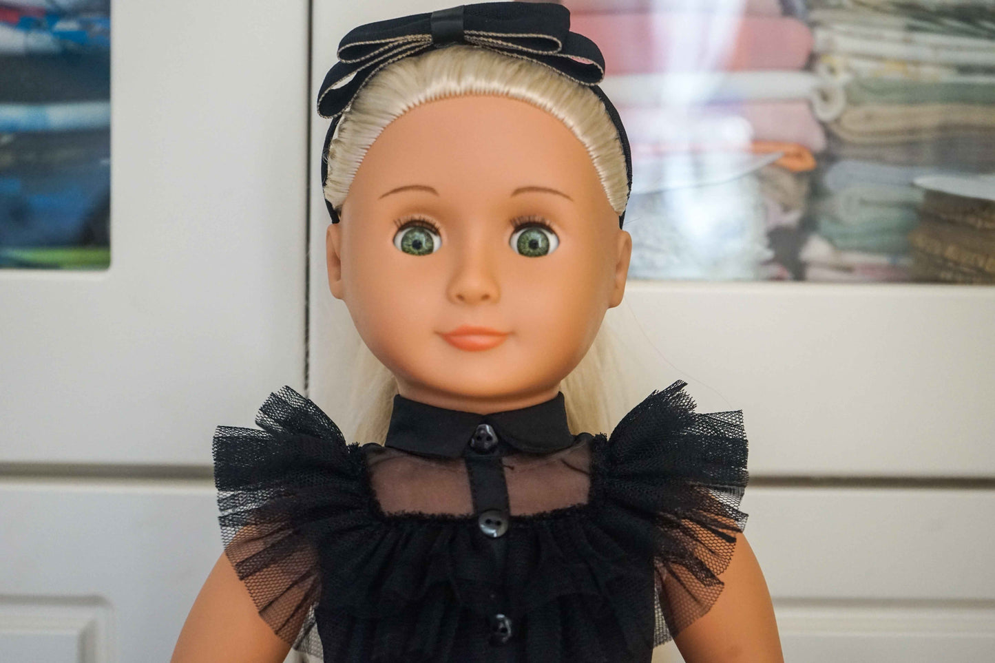 Close-up of the gothic bodice design for the 18-inch doll black dress set.
