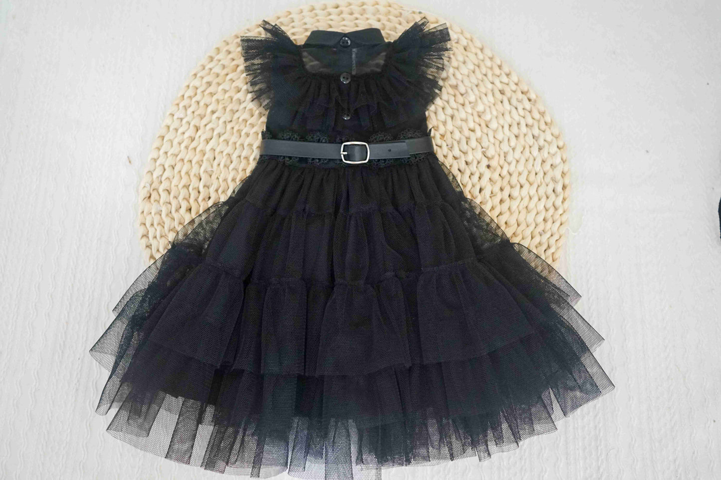 Close-up of the tiered black tulle skirt for the gothic 18-inch doll costume.