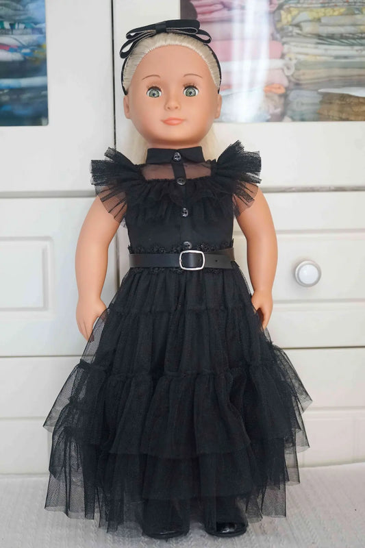 18-inch doll wearing a 5-piece Wednesday-inspired gothic black tiered tulle dress.