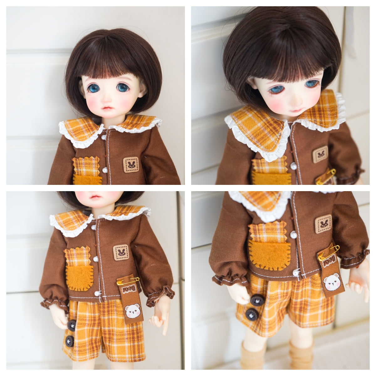 Styling collage of yellow cat patch shirt and plaid shorts set