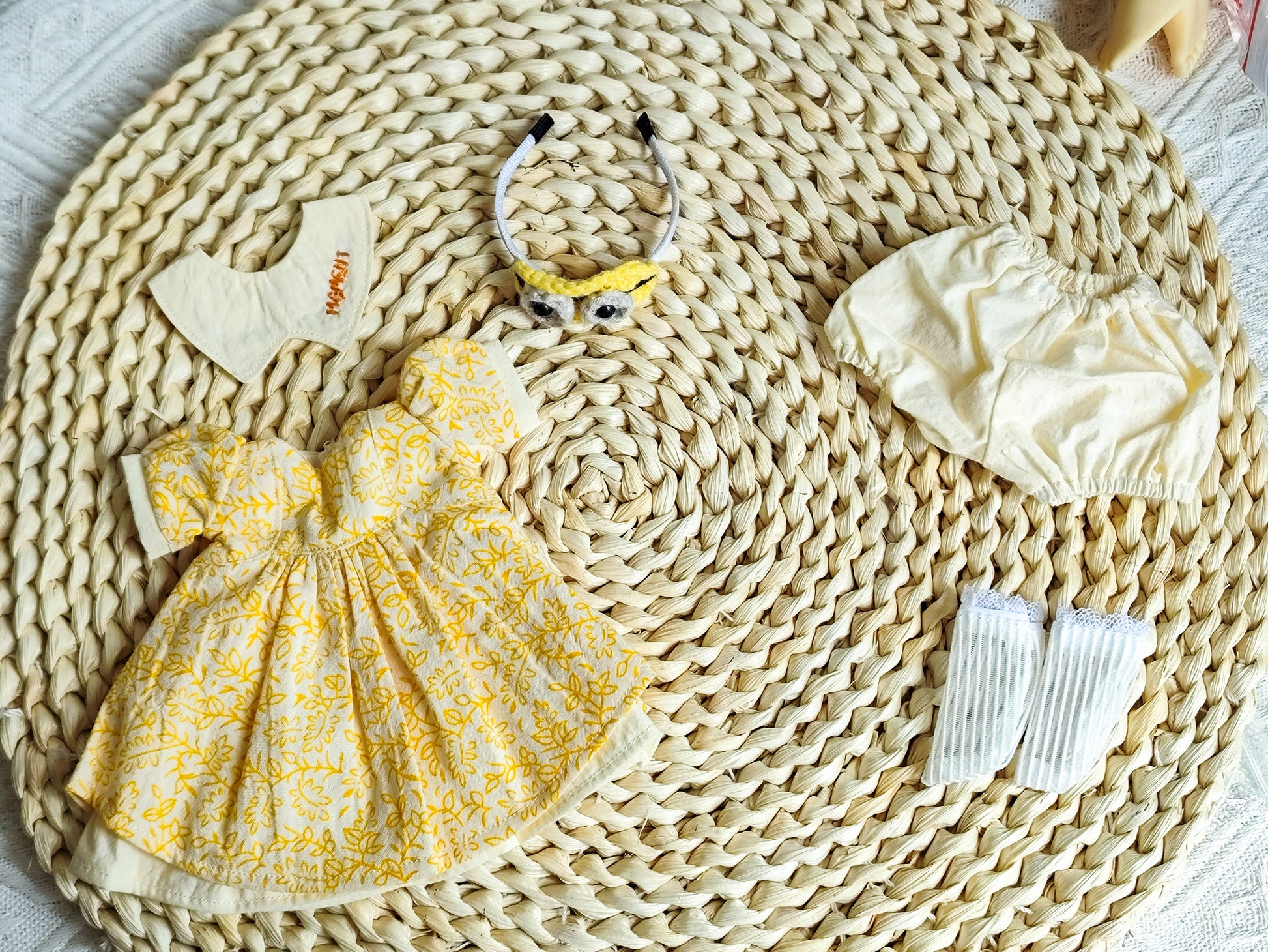 Yellow leaf print Peter Pan collar dress outfit flat lay for 1/6 BJD.